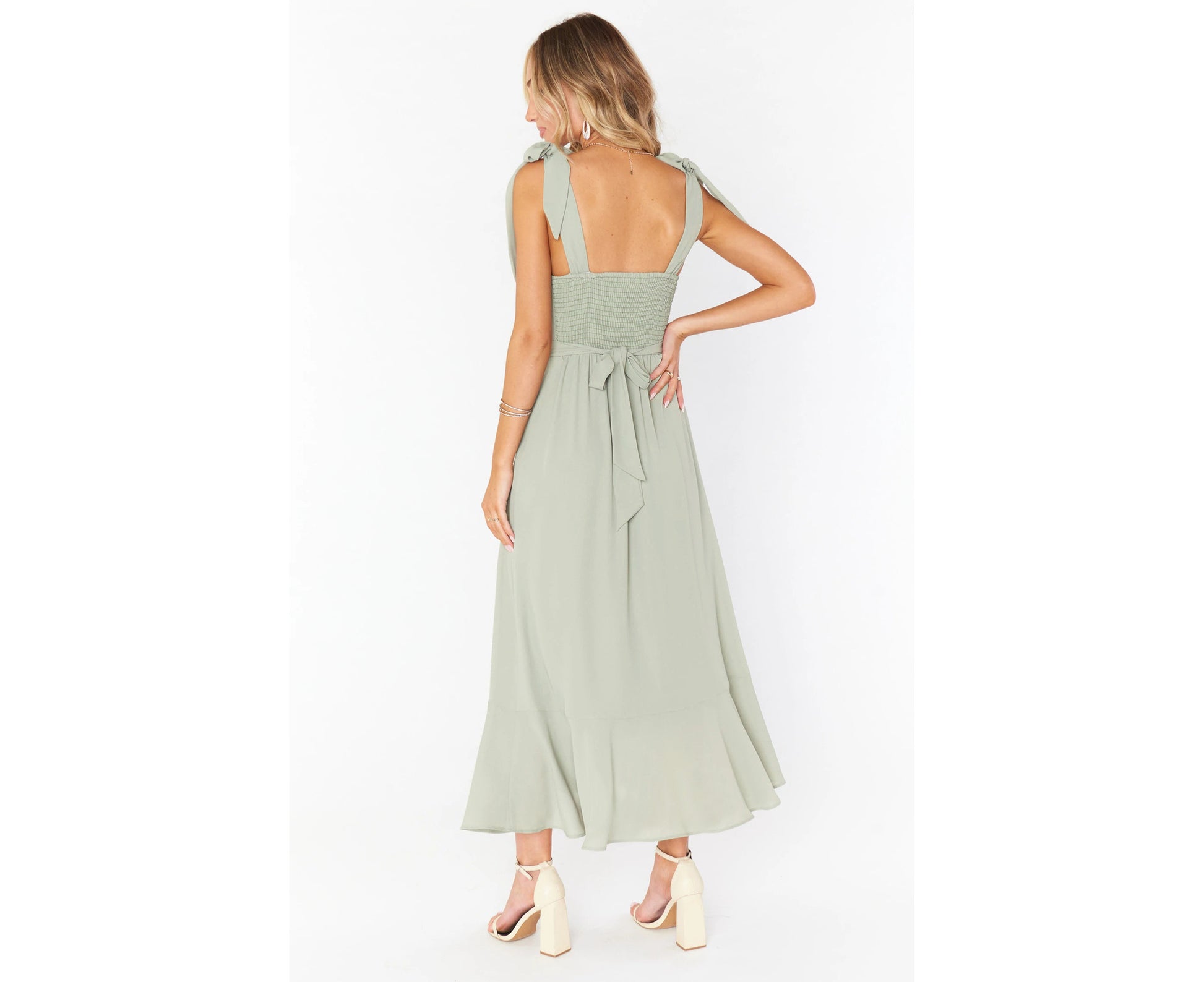 Women'S Tie Knots Sleeveless Maxi Dress Sexy Solid Tie Straps Split French Dress - Green